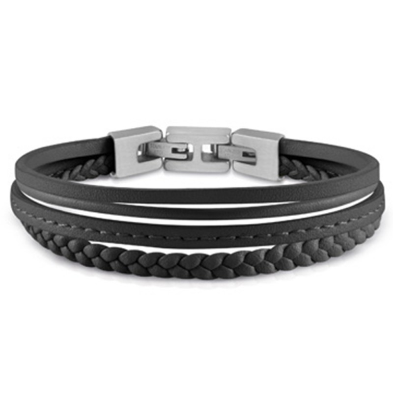 BRACELET HOMME GUESS MALIBU ACIER ARGENTÉ ET CUIR NOIR