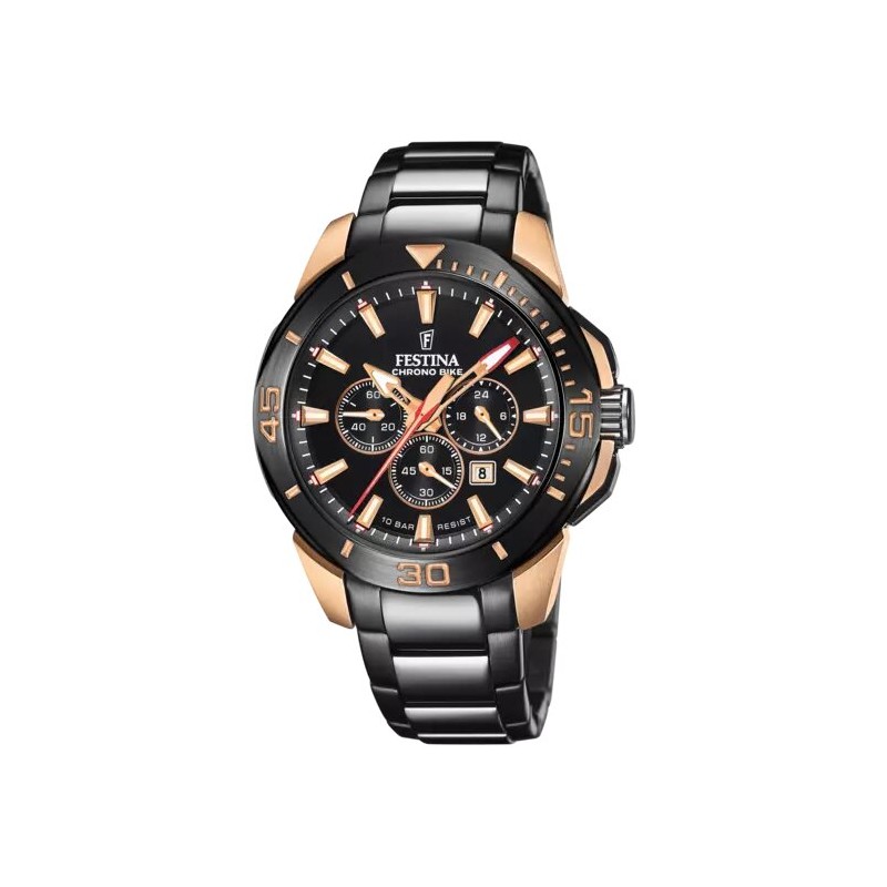 Montre Festina Homme Bracelet en Acier Noir et Doré Rose