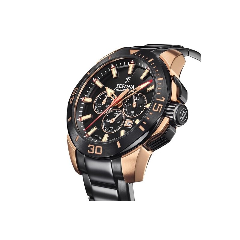 Montre Festina Homme Bracelet en Acier Noir et Doré Rose