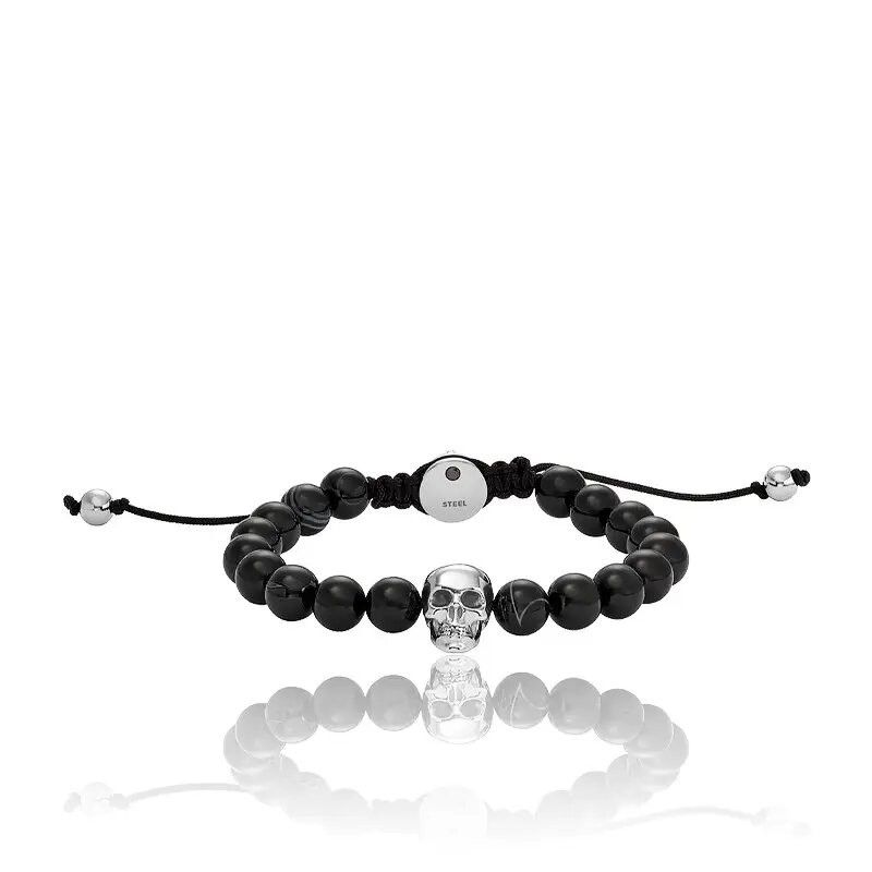 Bracelet Homme Diesel agates noires et tête de mort