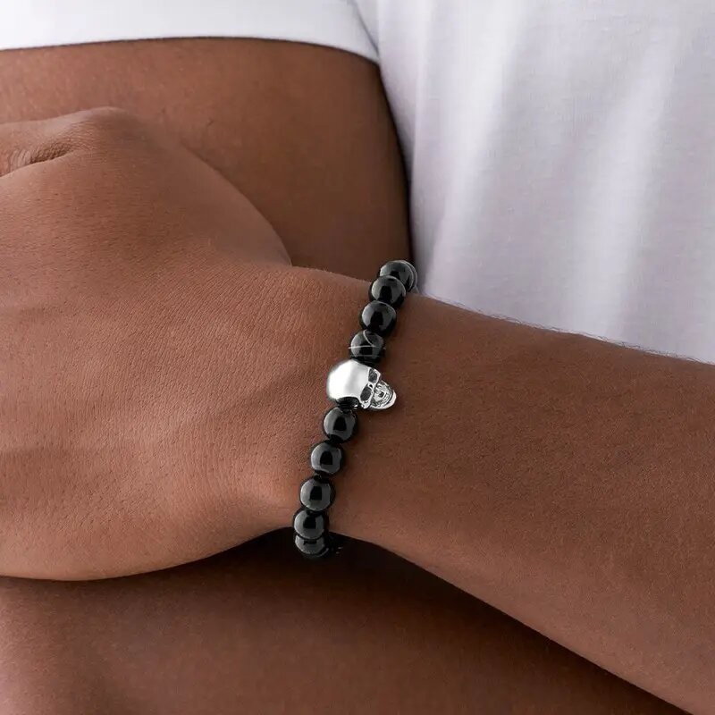 Bracelet Homme Diesel agates noires et tête de mort