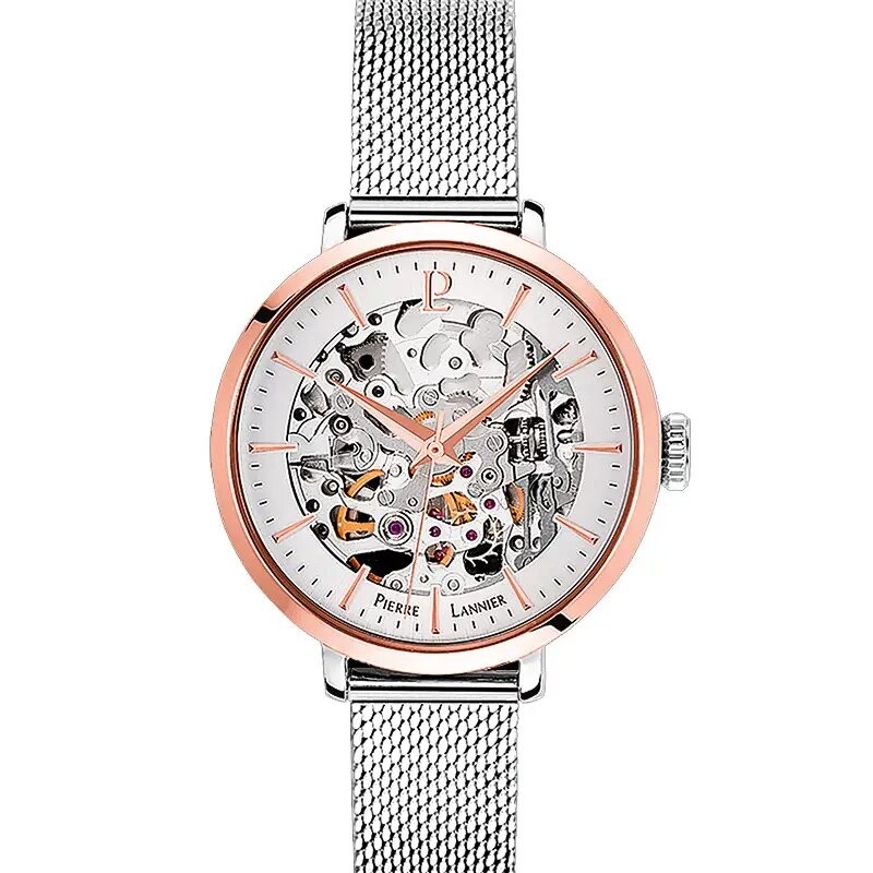 COFFRET MONTRE FEMME PIERRE LANNIER  AUTOMATIQUE MAILLES MILANAISES+ BRACELET CUIR MARRON