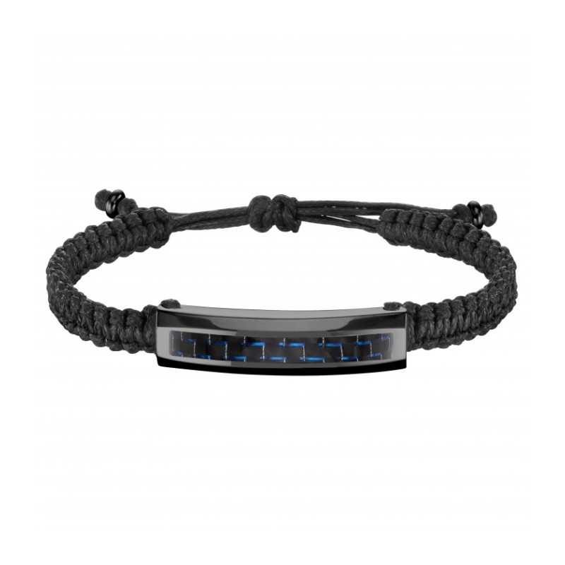 Bracelet Homme Phebus Acier noir Cordon de Cuir tressé et Plaque en Carbone