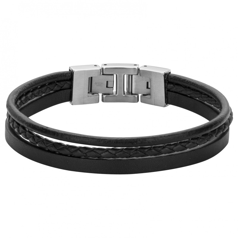 Bracelet Homme Phebus en Acier argenté trio de bandes cuir noir