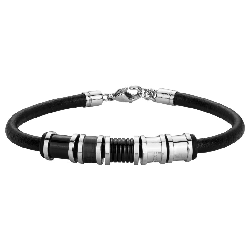Bracelet Homme Phebus en Acier argenté avec lanière cuir noir