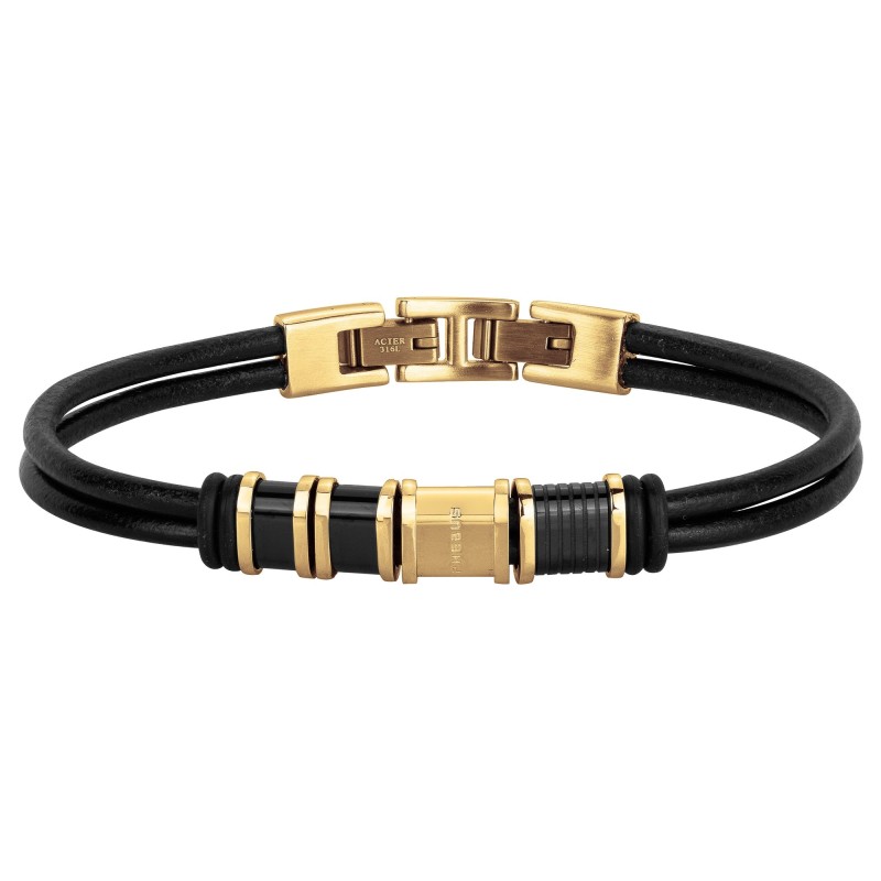 Bracelet Homme Phebus en Acier doré lanière cuir noir