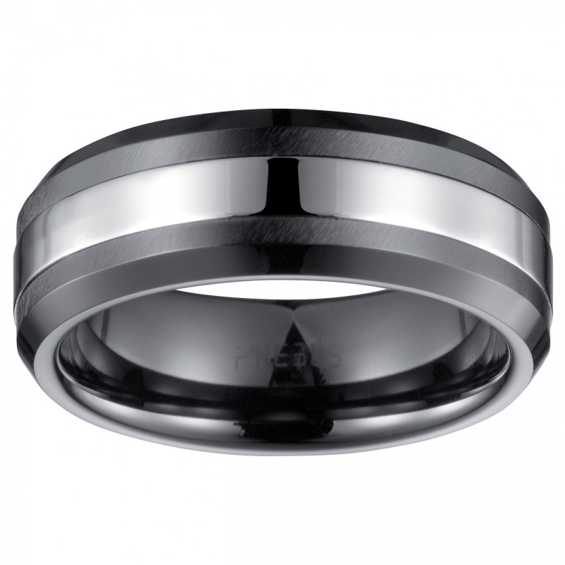 Bague Homme Phebus en Céramique noir avec anneau en acier argenté