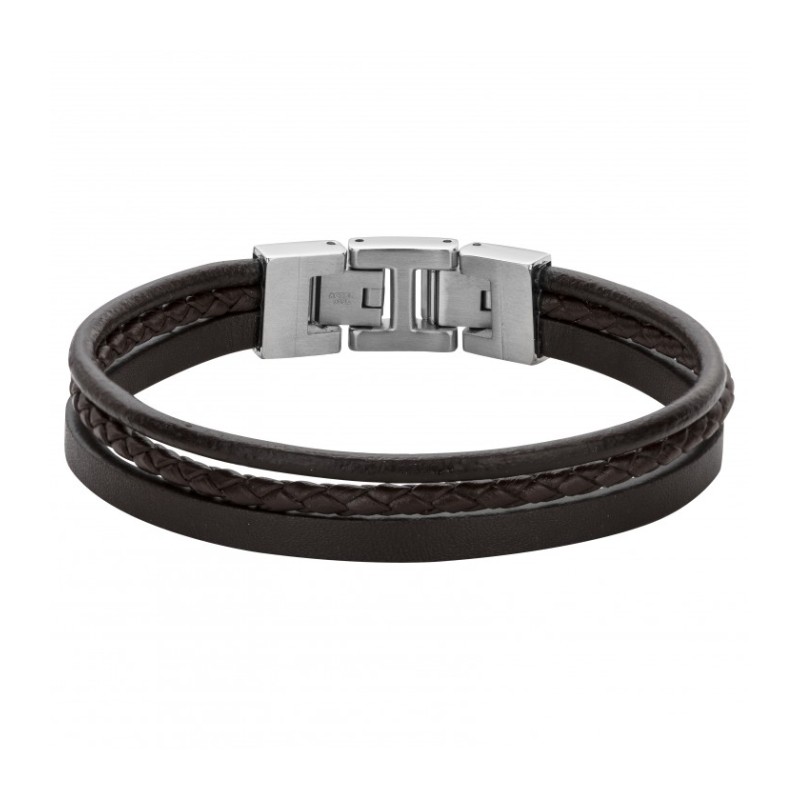 Bracelet Homme Phebus Acier argenté avec 3 bracelets en un Cuir marron