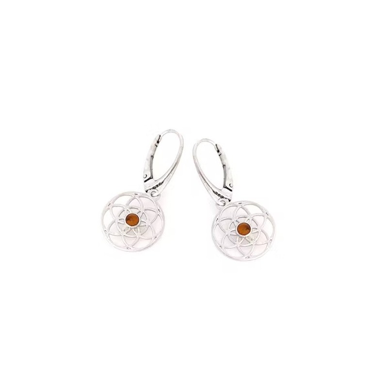 Boucles d'oreilles Femme Dormeuses forme de fleurs en argent 925/000 avec Ambre marron