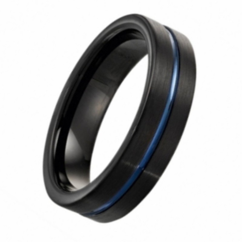 Bague Homme Jourdan Bada en acier noir et liseré bleu