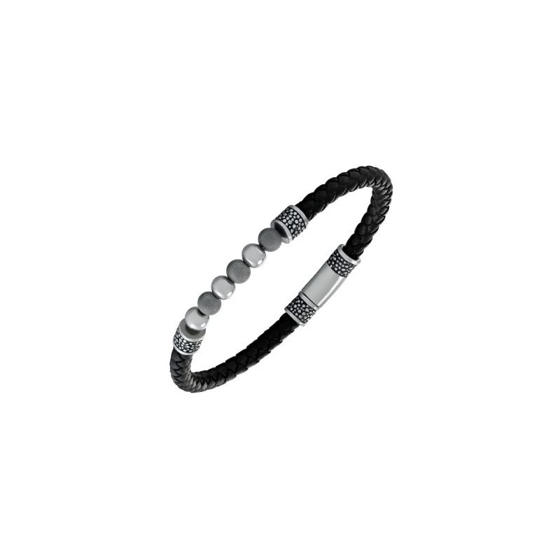 Bracelet Homme Jourdan en Acier bicolore et Cuir noir avec perles