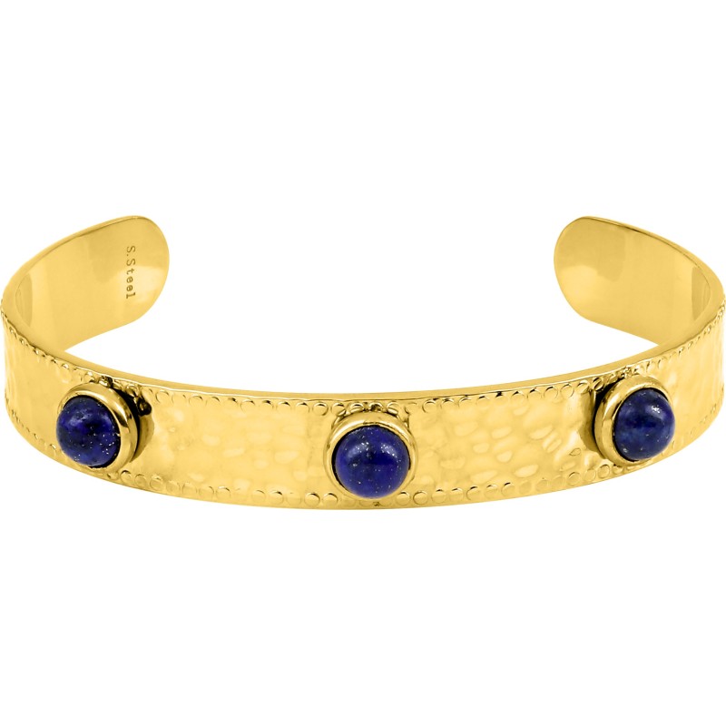Bracelet Jonc Amporelle en acier doré martelé orné de 3 agates bleues