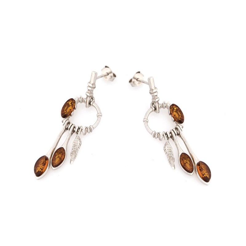 Boucles d'oreilles Pendantes en Argent 925/000 avec Ambres marron