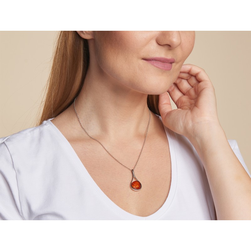 Collier Carador argent 925/000 forme goutte d'eau ambre couleur cognac