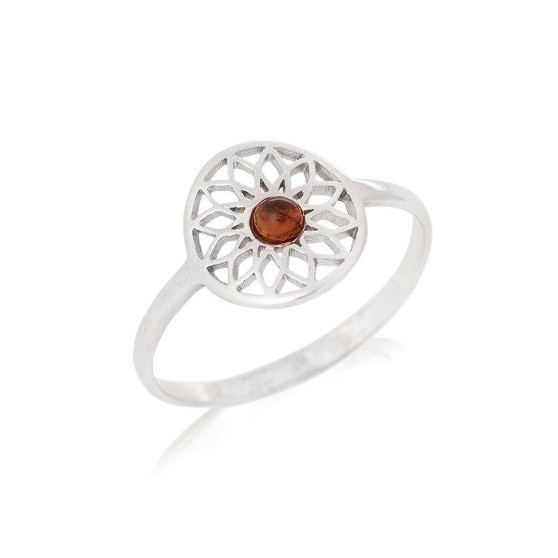 Bague en Argent 925/000 et Ambre marron Motif Fleur