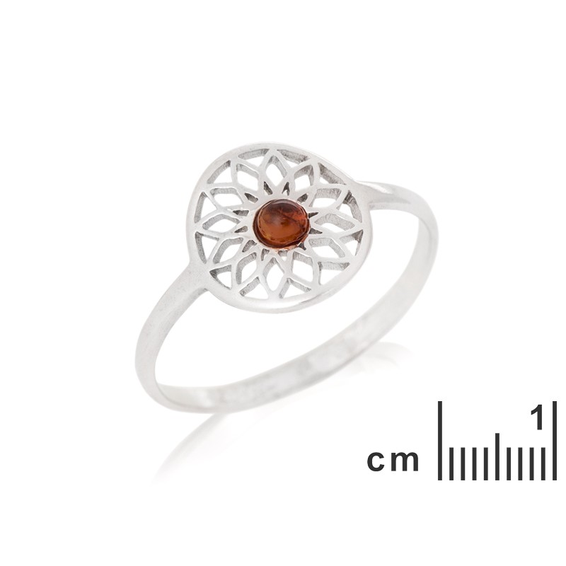 Bague en Argent 925/000 et Ambre marron Motif Fleur