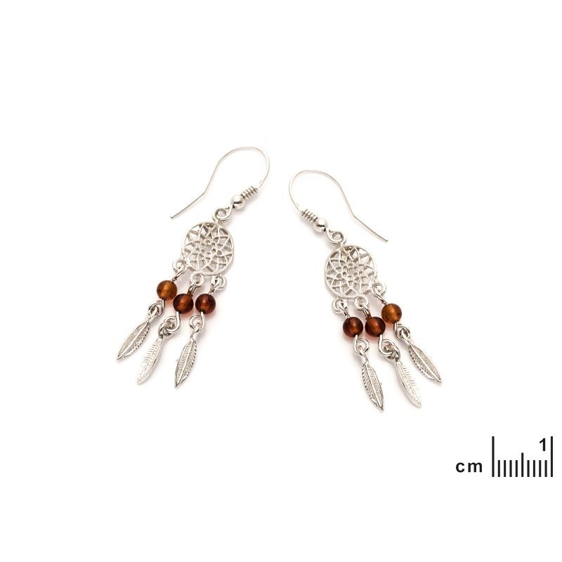 Boucles d'oreilles pendantes attrape-rêves Carador argent 925/000ème rhodié et ambre
