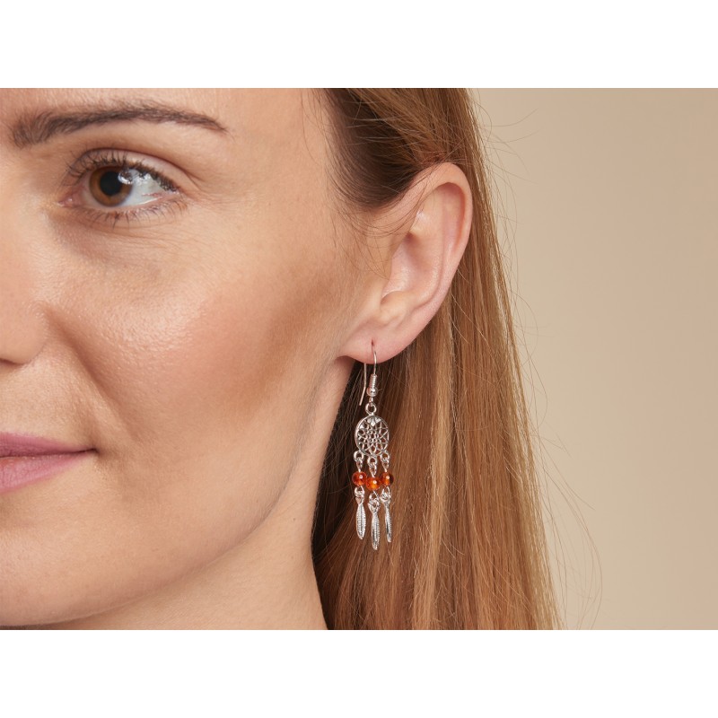 Boucles d'oreilles pendantes attrape-rêves Carador argent 925/000ème rhodié et ambre