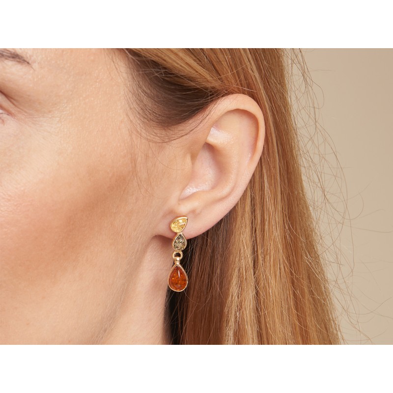 Boucles d'oreilles Pendantes en Argent 925/000 doré avec Ambres