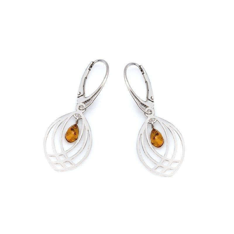 Boucles d'oreilles Dormeuses en Argent 925/000 avec Ambre marron ovale