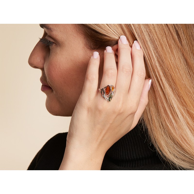 Bague Carador argent 925/000ème 3 couleurs ambre marron/miel/verte