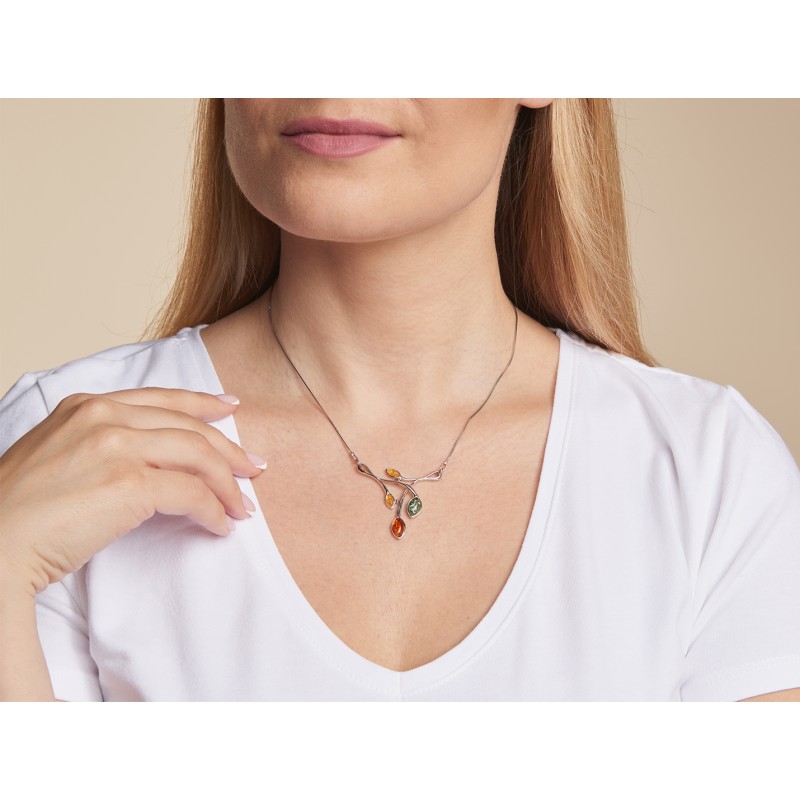 Collier Femme Argent 925/000ème avec Ambre aux multiples couleurs.