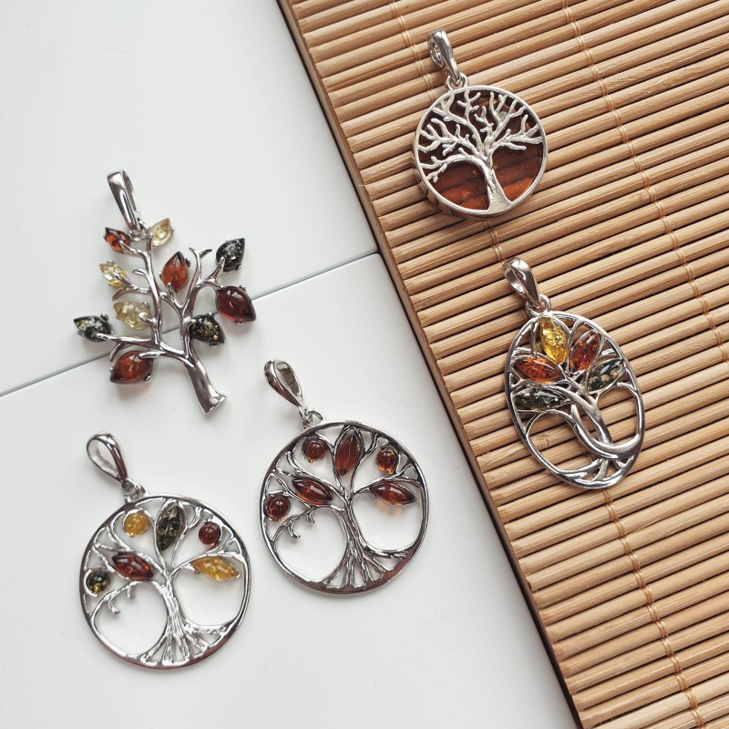 Pendentif arbre de vie en argent 925/000 et ambre 3 couleurs