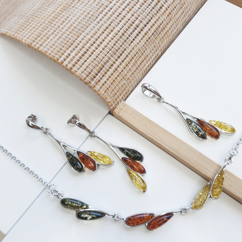 Collier Carador argent 925/000ème multiples couleurs ambre forme goutte d'eau