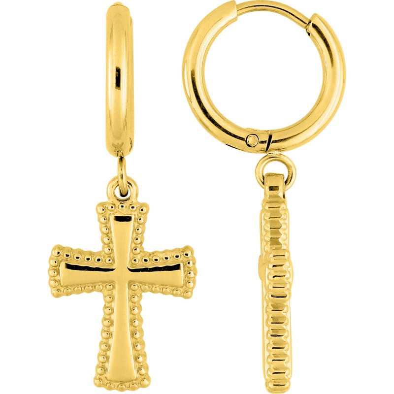 Boucles d'oreilles Amporelle Créoles  pampille croix en acier doré