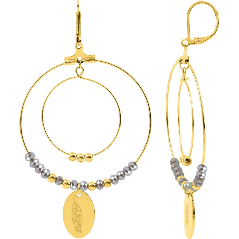 Boucles d'oreilles Amporelle Dormeuses en acier doré et Cristaux gris