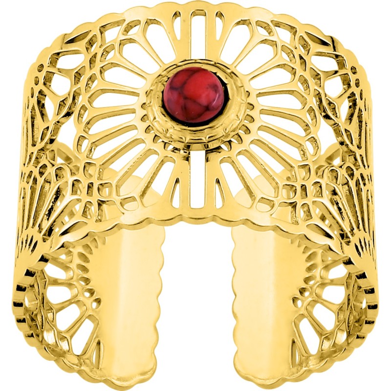 Bague Ajustable Amporelle en acier doré et Pierre rouge synthétique