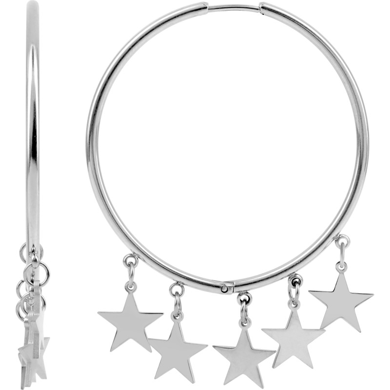 Boucles d'oreilles Amporelle Créoles de 43 mm pampilles Etoiles en acier argenté