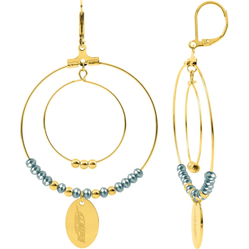 Boucles d'oreilles Amporelle Dormeuses en acier doré et Cristaux turquoises