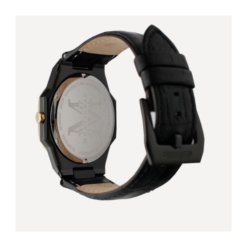 Montre Montignac cadran octogonal  bracelet en cuir noir