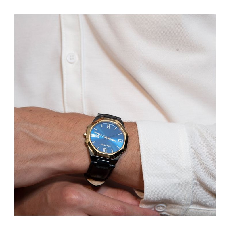 Montre Montignac cadran octogonal  bracelet en cuir noir