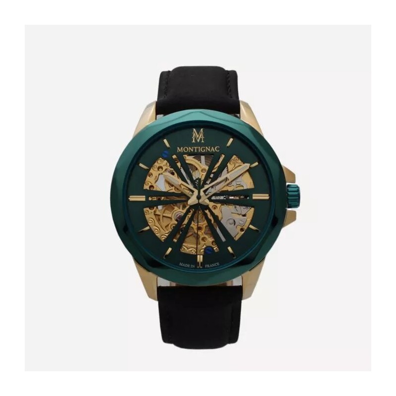 Montre Montignac automatique bracelet en cuir noir