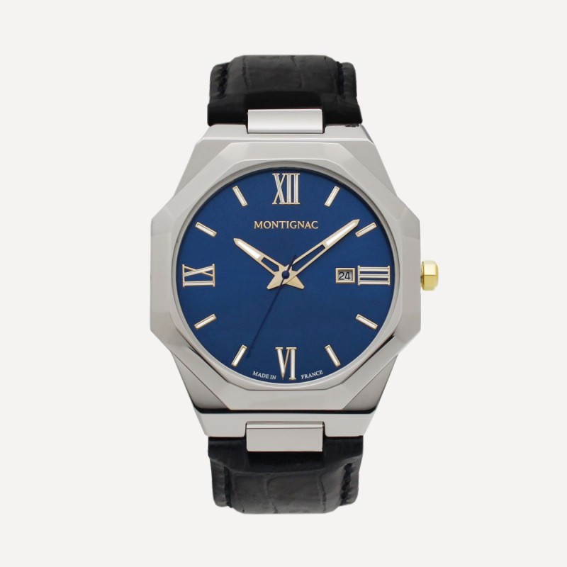 Montre Montignac cadran octogonal  bracelet en cuir noir