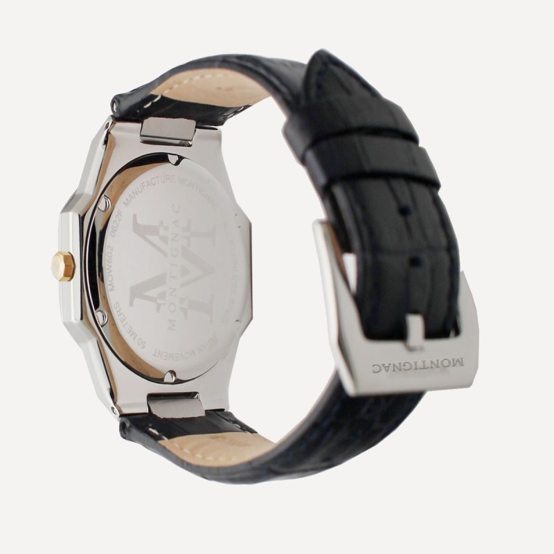 Montre Montignac cadran octogonal  bracelet en cuir noir