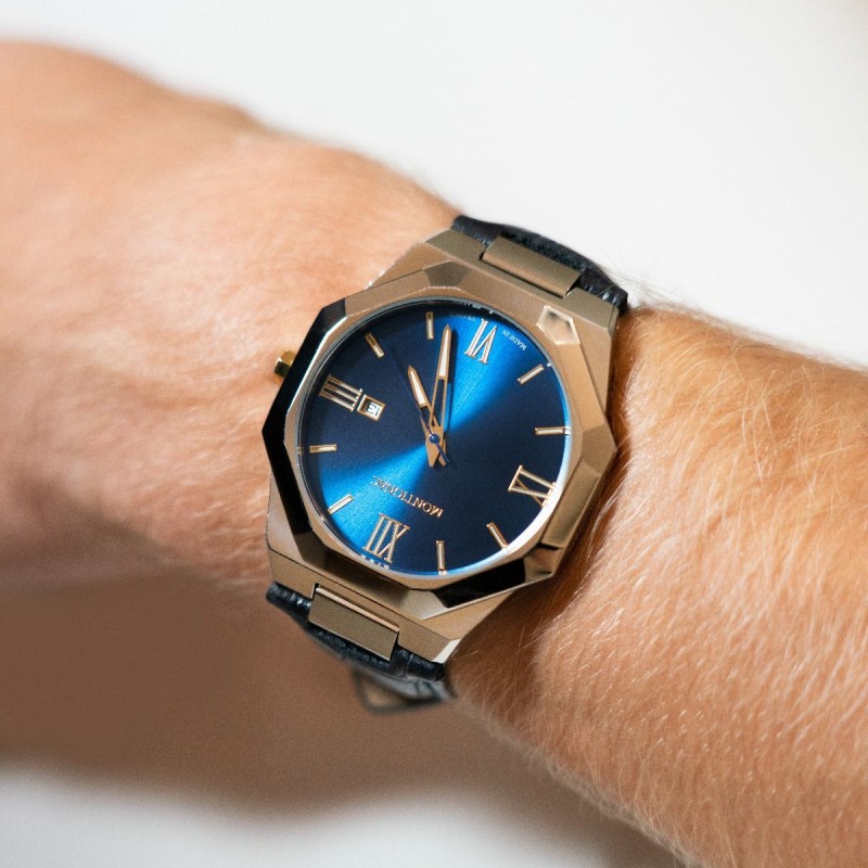 Montre Montignac cadran octogonal  bracelet en cuir noir