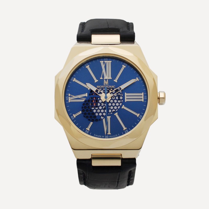 Montre Montignac cadran octogonal  bracelet en cuir noir