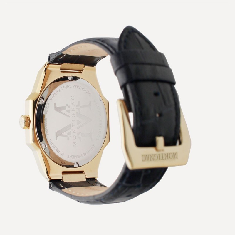 Montre Montignac cadran octogonal  bracelet en cuir noir