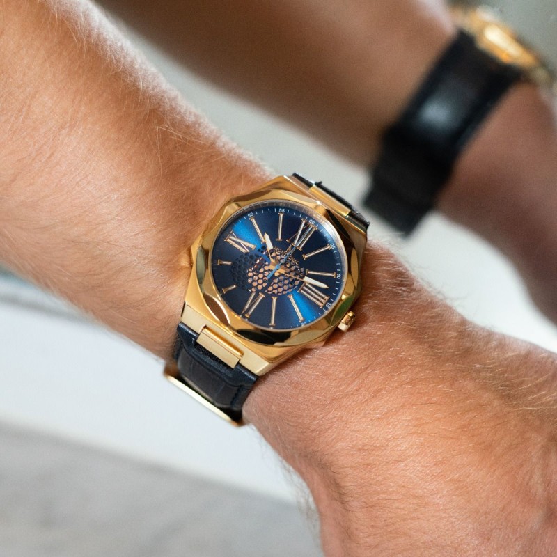 Montre Montignac cadran octogonal  bracelet en cuir noir