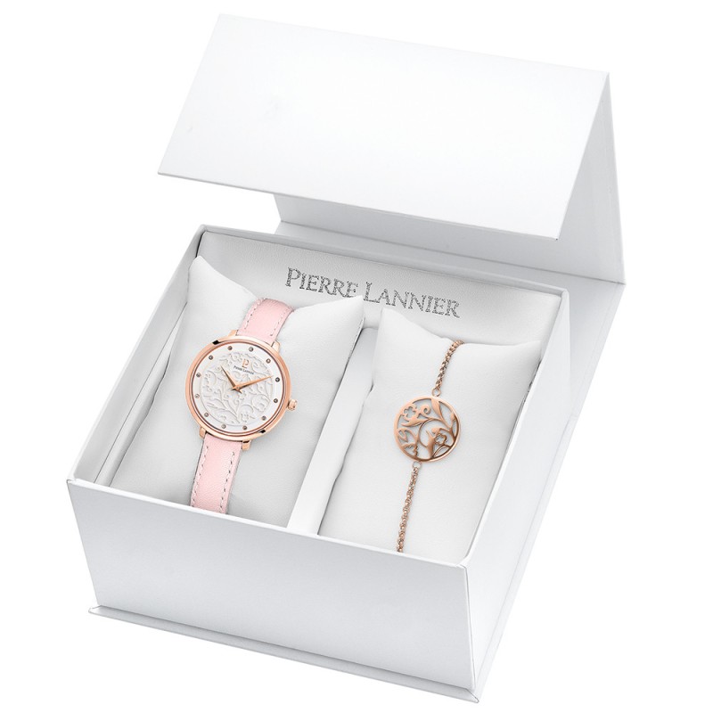 Coffret Montre Pierre Lannier Femme bracelet maille milanaise doré rose + bracelet