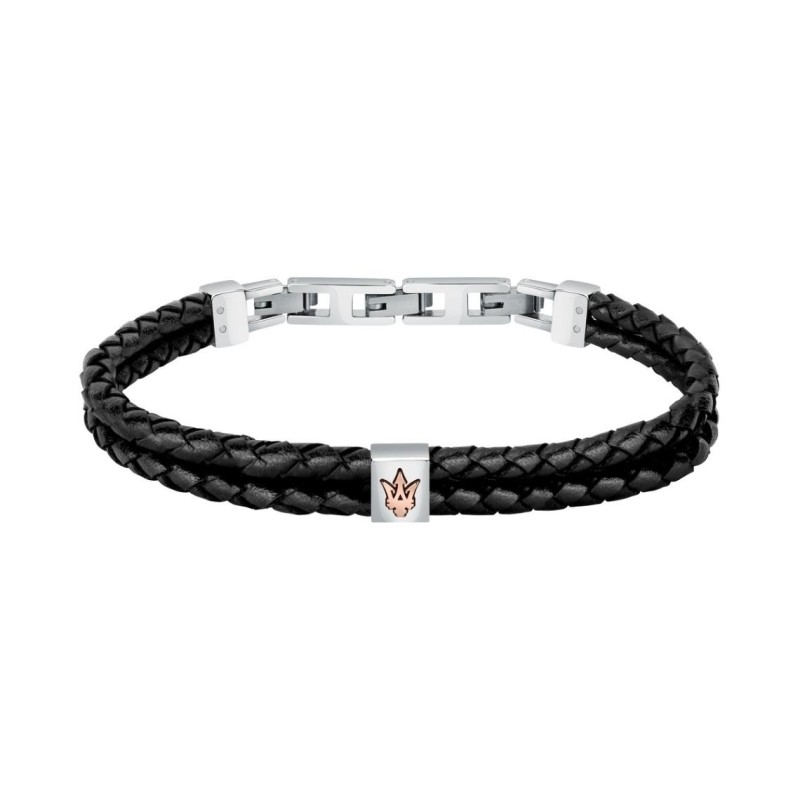 Bracelet Homme Maserati en Acier argenté et Cuir noir