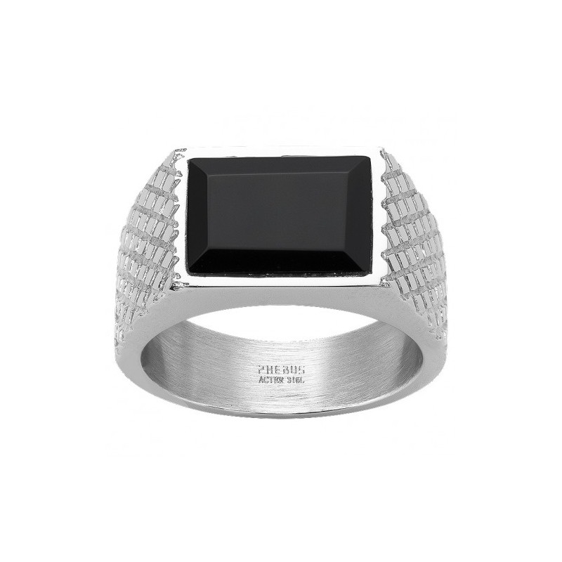 Bague Homme Phebus type chevalière en Acier argenté et céramique noire