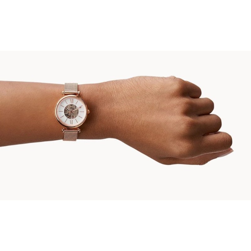 Montre Femme Fossil Automatique en Acier doré rose Maille Milanaise