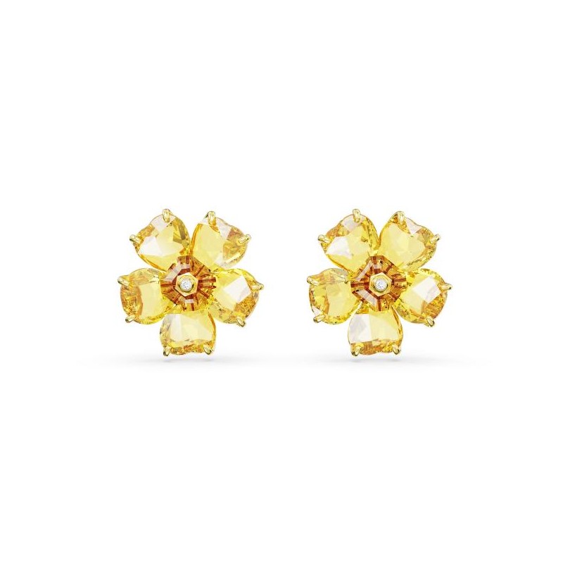 Boucles d'oreilles Clous  Swarovski Plaqué Or et Cristaux jaunes Motif fleur