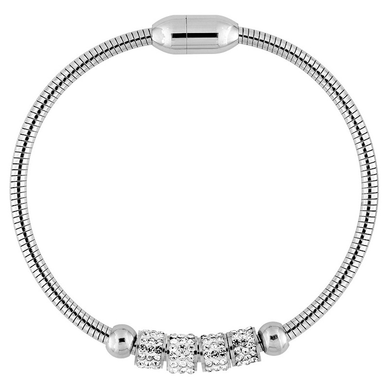 Bracelet Amporelle maille serpent avec 4 breloques recouverts d'oxydes de zirconiums en acier argenté