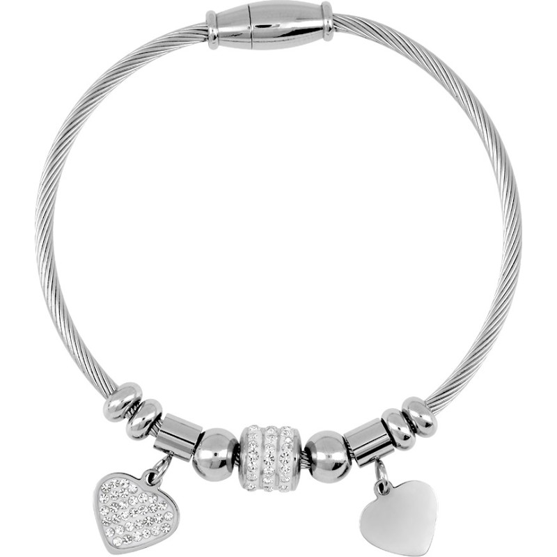 Bracelet Amporelle maille serpent avec breloques motif coeur recouverts d'oxydes de zirconiums en acier argenté