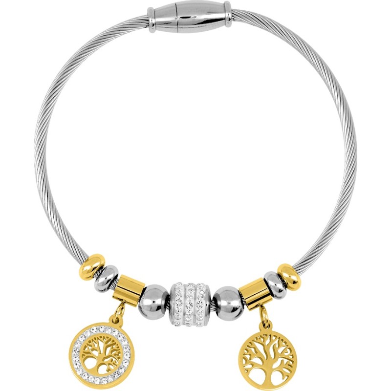 Bracelet Amporelle maille serpent en acier argenté  avec breloques dorées motif arbre de vie